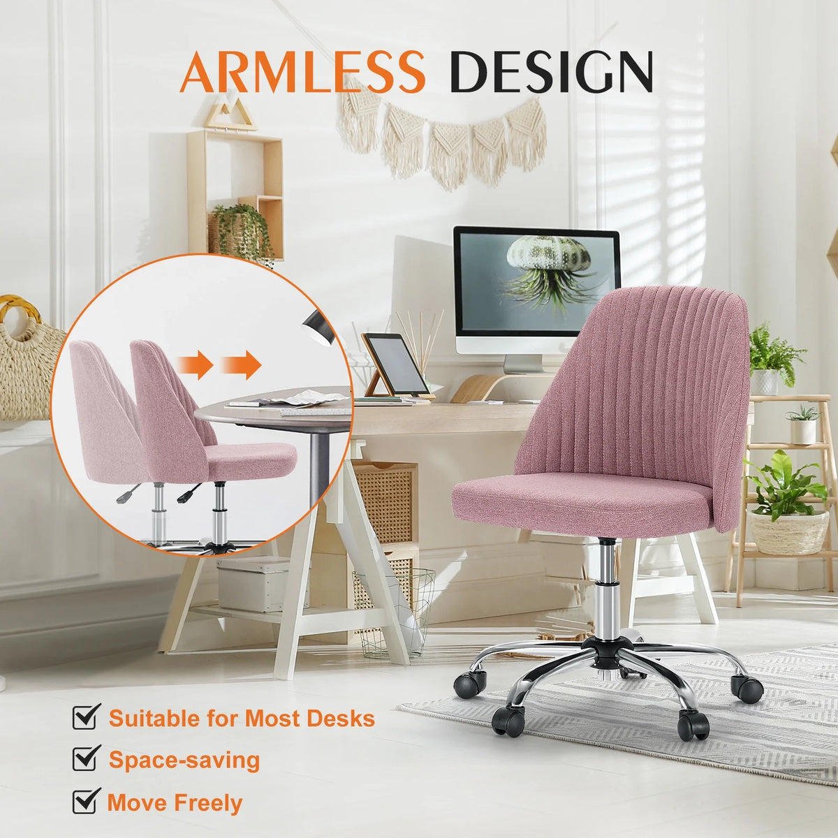 Pink Adjustable Swivel Armless Desk Chair with Wheels U496153