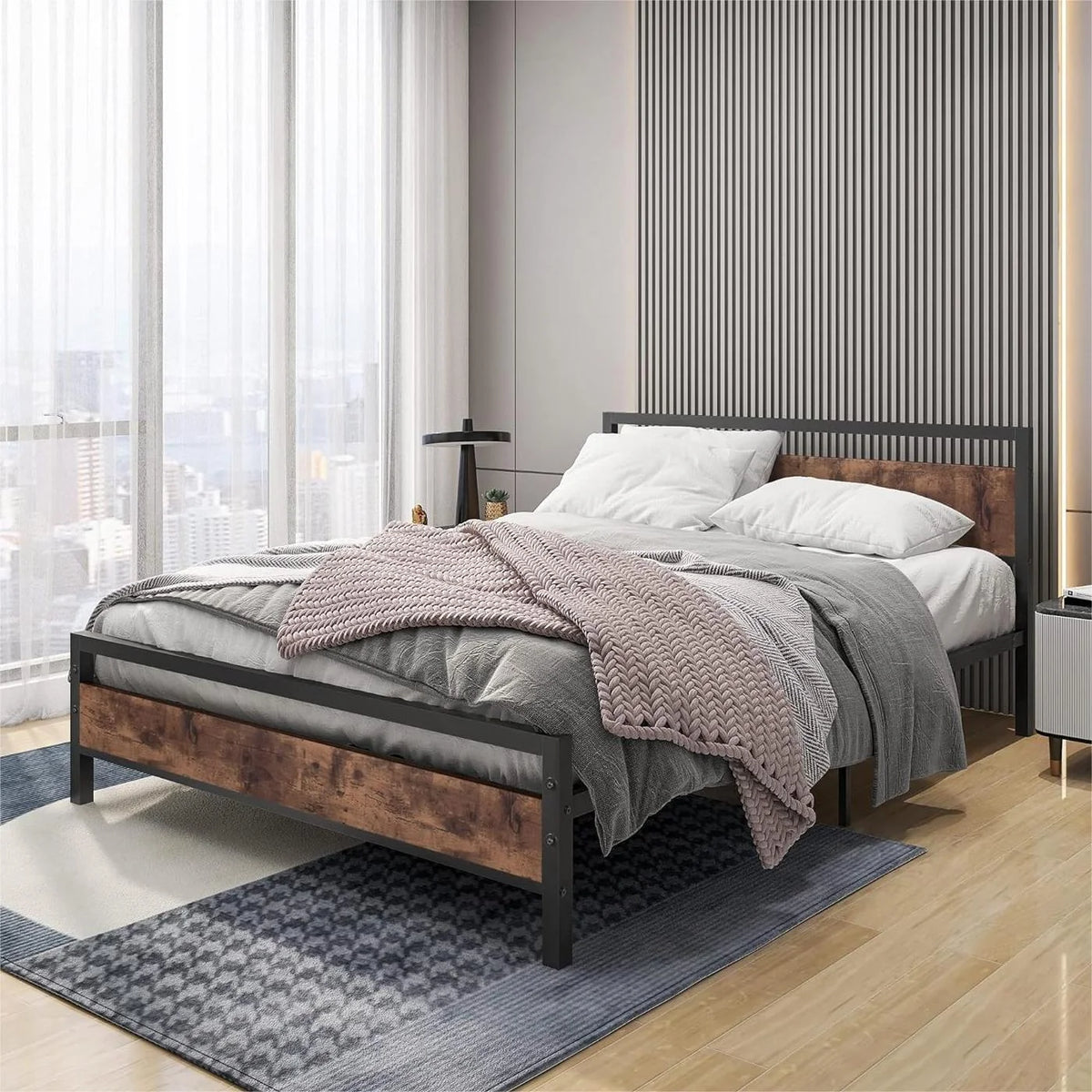 Queen Size Metal Platform Bed Frame with Wooden Headboard Footboard H48274