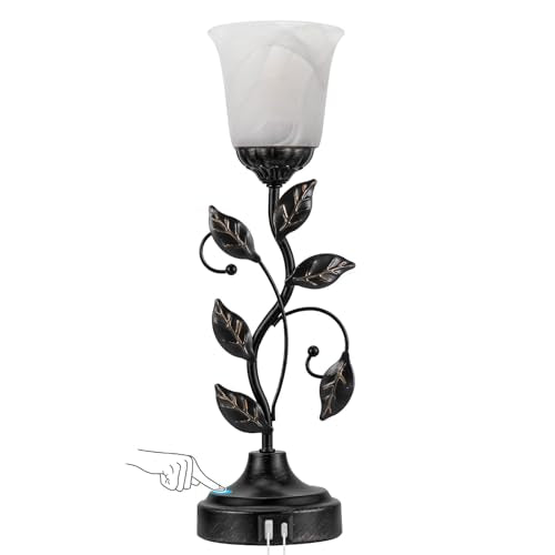 Touch Table Lamp with USB Charging Ports 3 Way Dimmable Amber Glass Lampshade P598