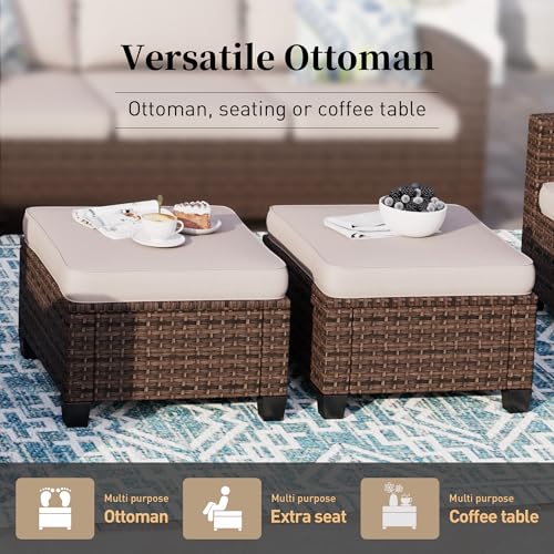 Brown Wicker Rattan 7 Pieces Patio Furniture Set with Cushion and Firepit Table I61824