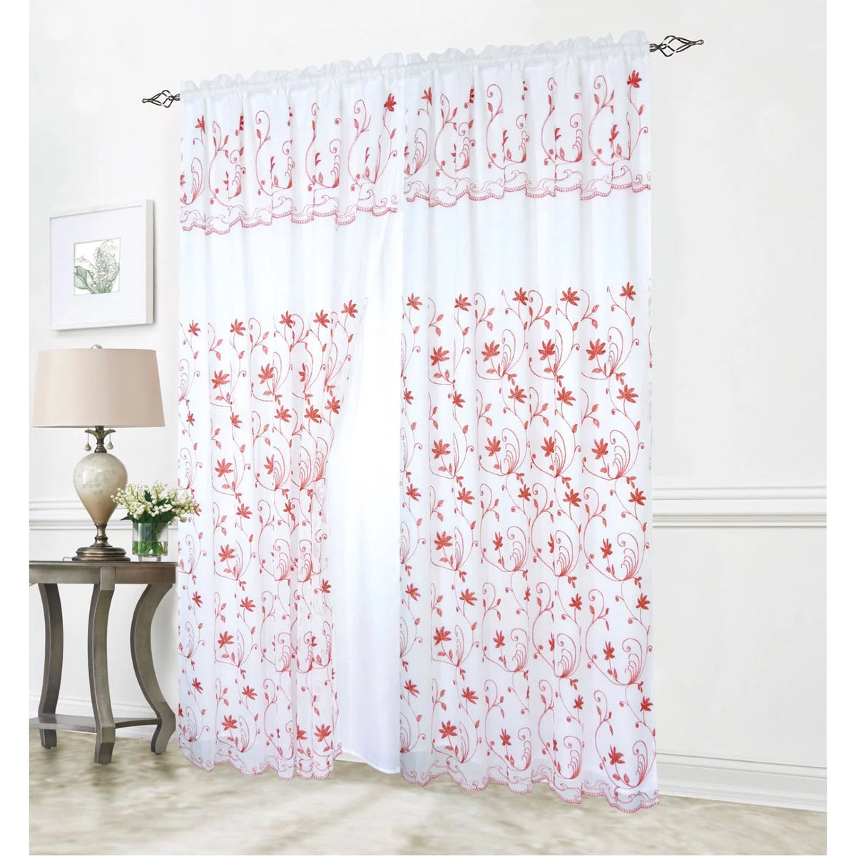 Floral Embroidered Rod Pocket Window Panel with Valance, White/Red, 54x90 Inches V998967