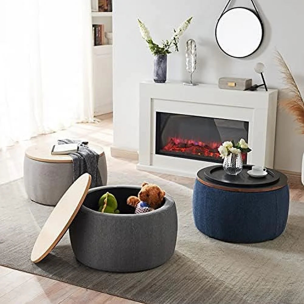 Light Gray Round Ottoman with Reversible Lid Tray U2557