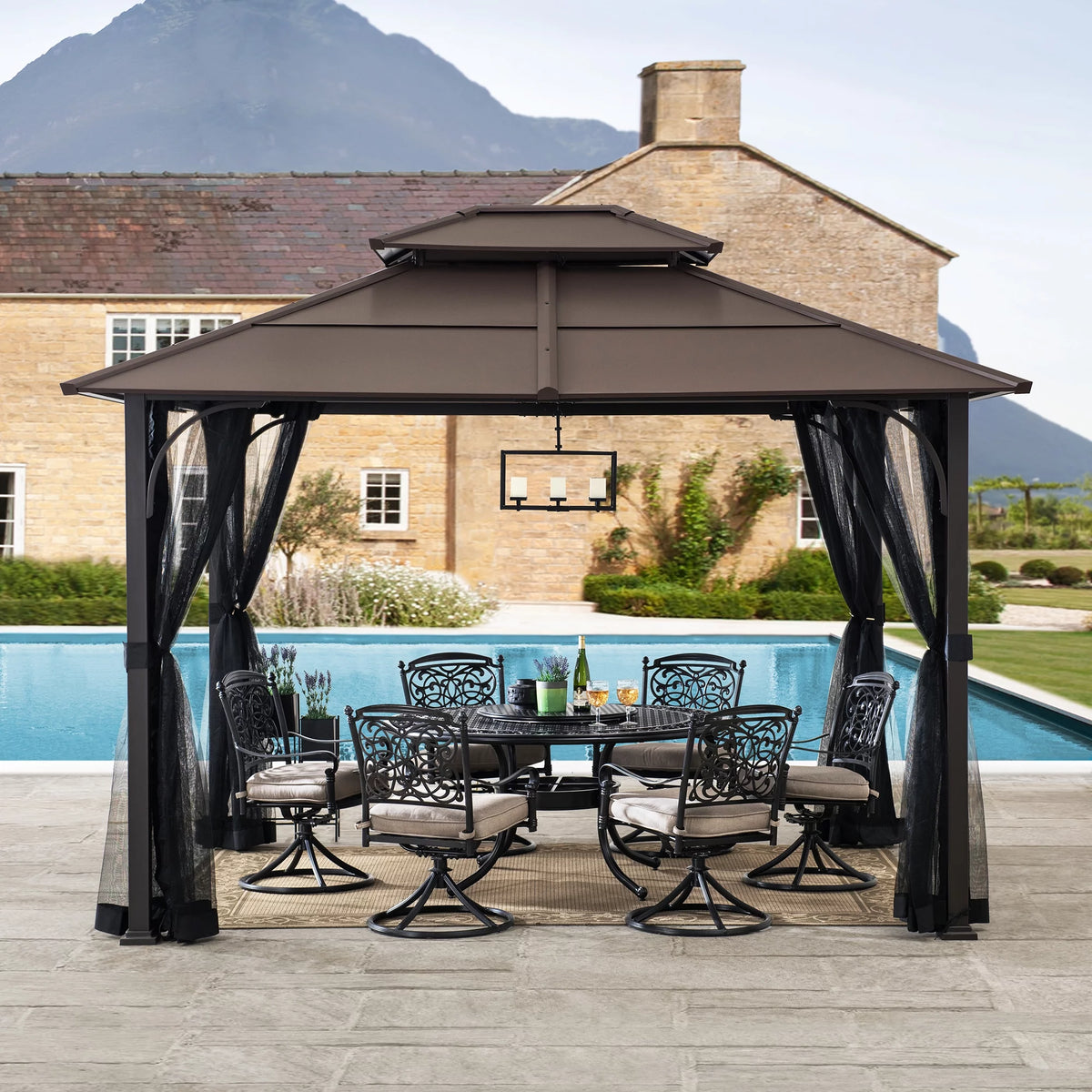 Brown 10x12 ft. Steel Frame 2-Tier Hardtop Roof Gazebo with Netting W48876
