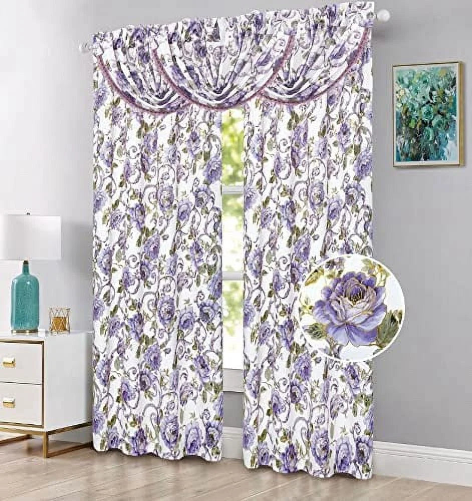 5 Piece Floral Blackout Curtain Set with Valances, 84" Long, Purple P5761