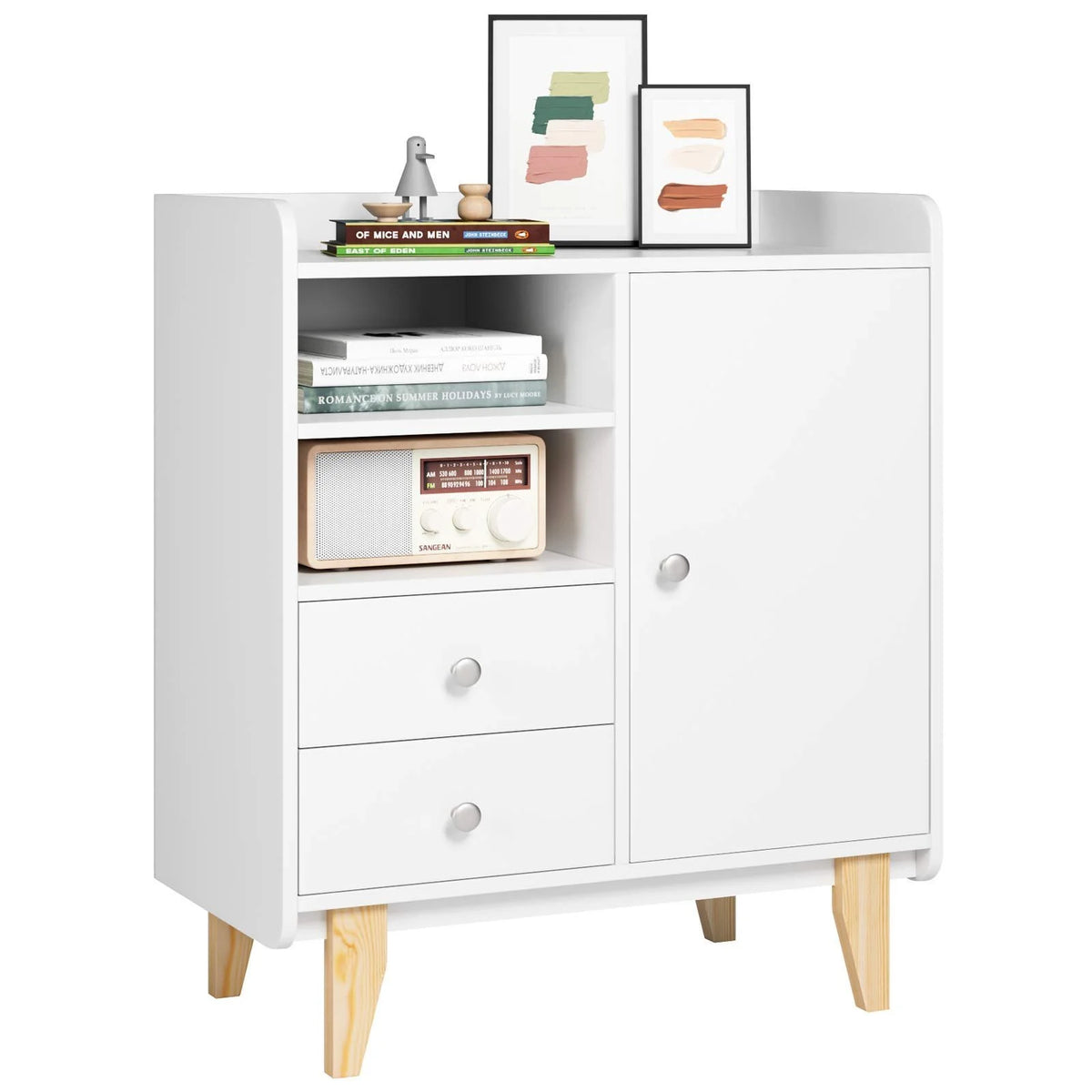 White Wooden Floor Storage Cabinet with Door and Drawers M348371