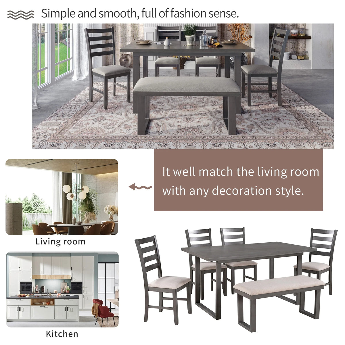 6 Piece Solid Wood Dining Set with Table 4 Chairs and Bench Gray S240