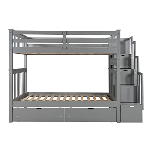 Twin Over Full Wooden Bunk Bed with Trundle and Stairway A653