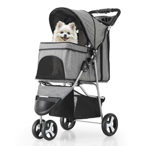 3 Wheels Pet Stroller with Storage Basket and Cup Holder W110502