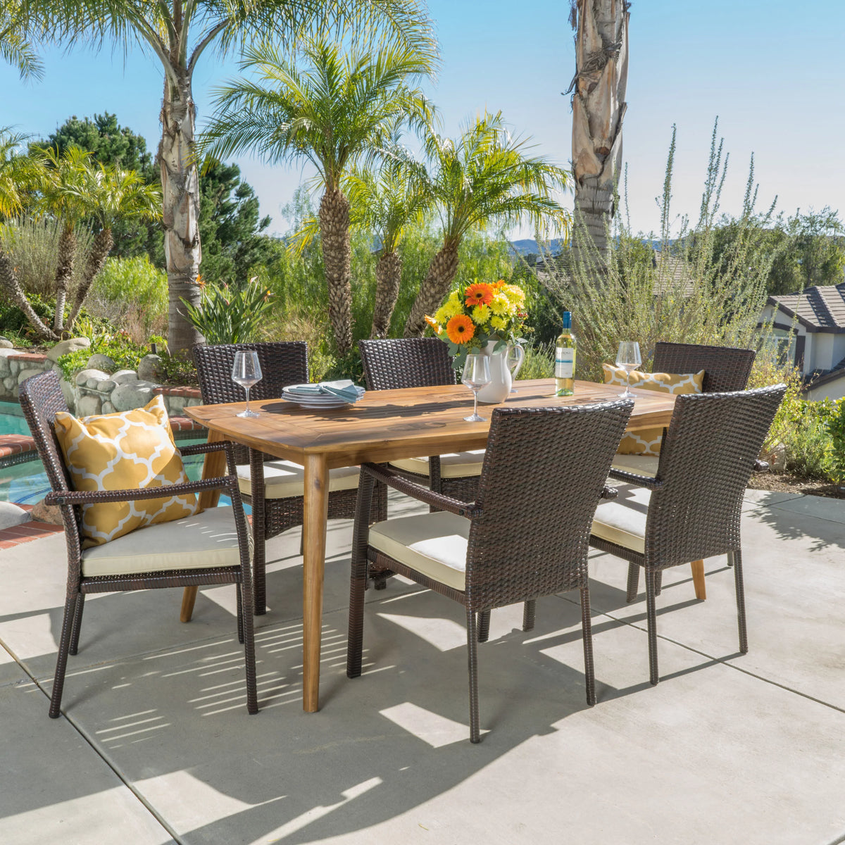 Acacia Wood and Wicker 7 Piece Dining Set with Cushion B70117