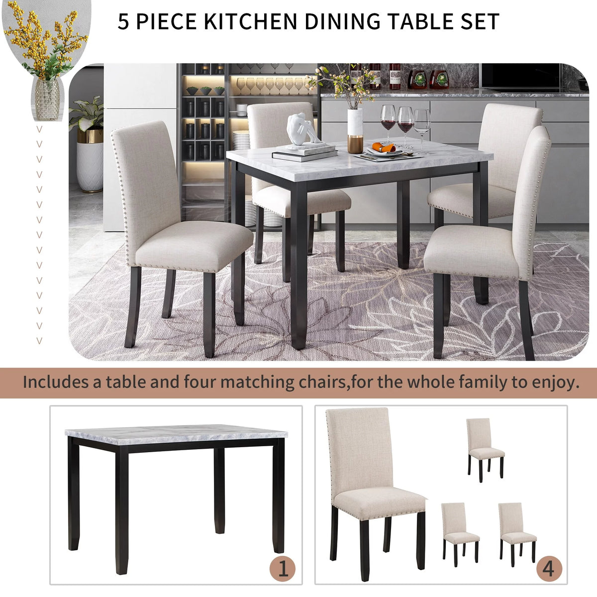 Faux Marble 5-Piece Dining Set with Cushion Chairs O521