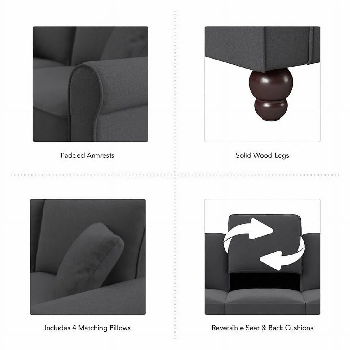 Charcoal Gray Herringbone Fabric L Shaped Sectional Couch B788833