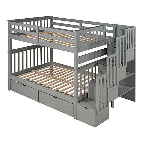 Twin Over Full Wooden Bunk Bed with Trundle and Stairway A653
