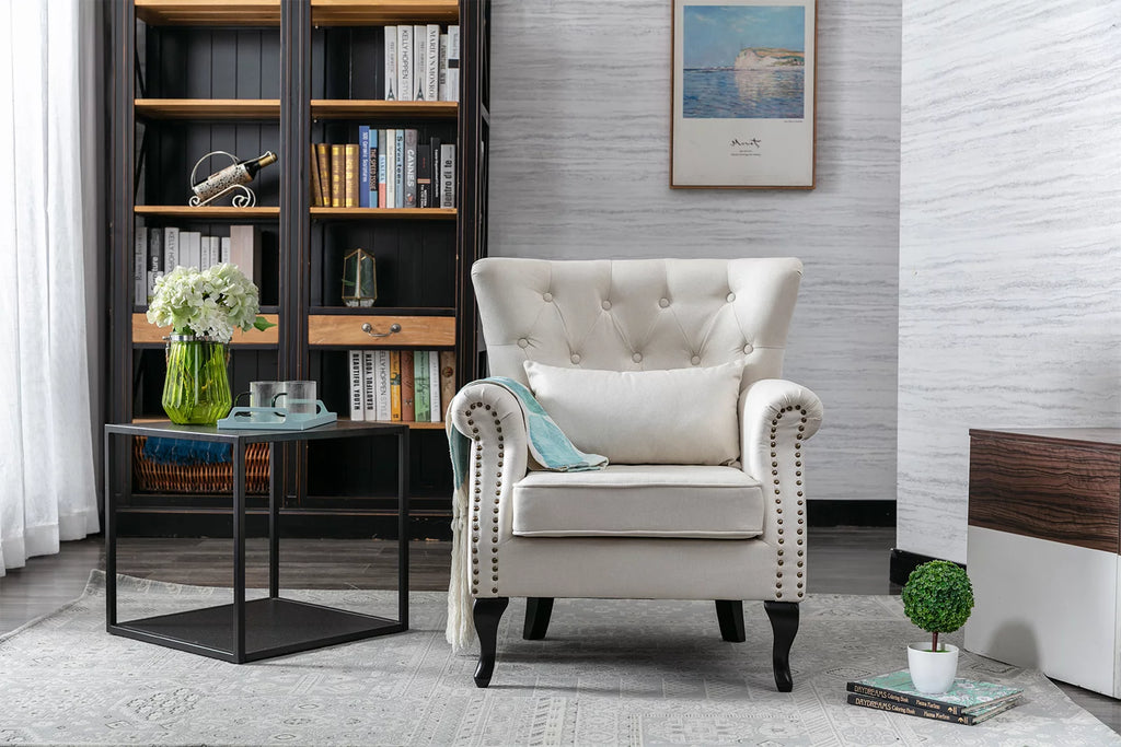 Beige Linen Tufted Accent Chair with Pillow W279