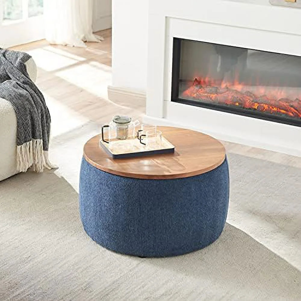 Light Gray Round Ottoman with Reversible Lid Tray U2557
