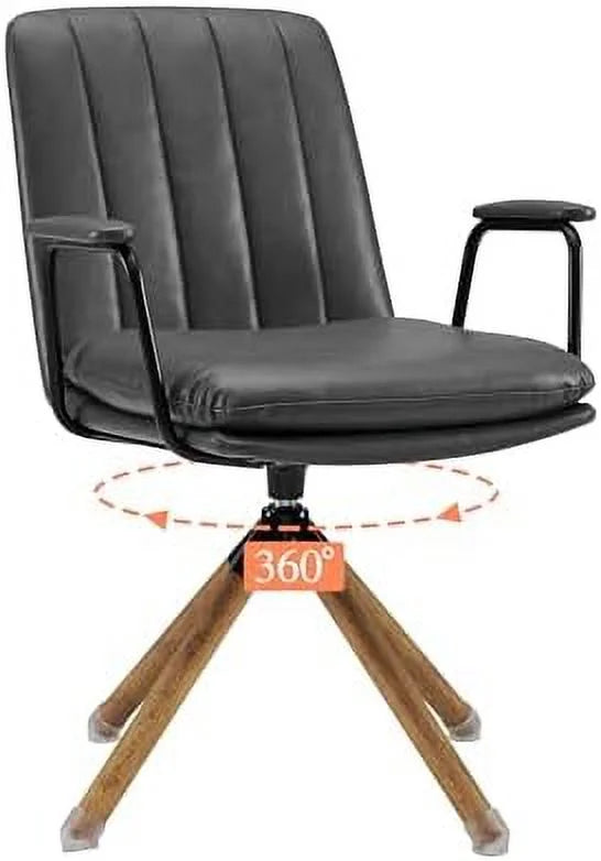 OffWhite PU Leather Swivel Office Chair with Oak Wood Legs O902297