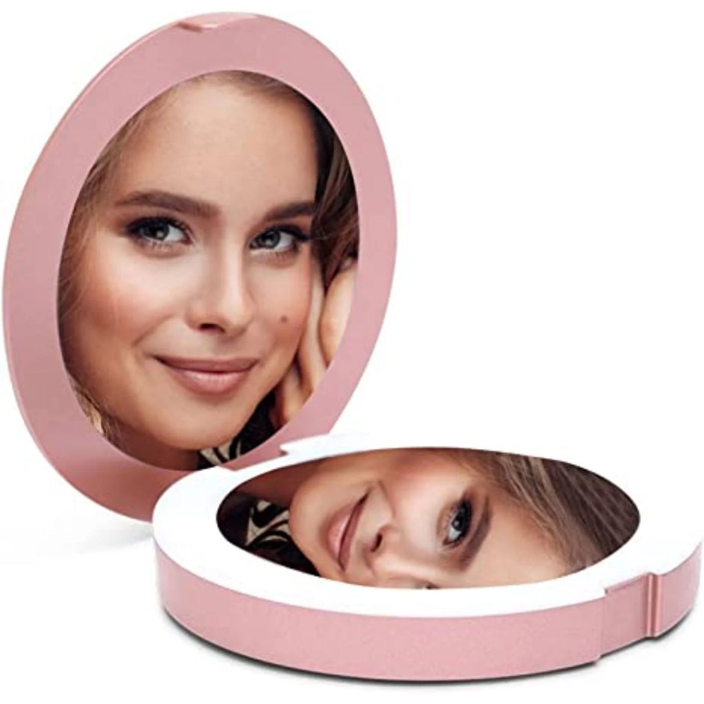 Rechargeable Lighted Round Travel Mirror with 5X Magnifying Glass P753