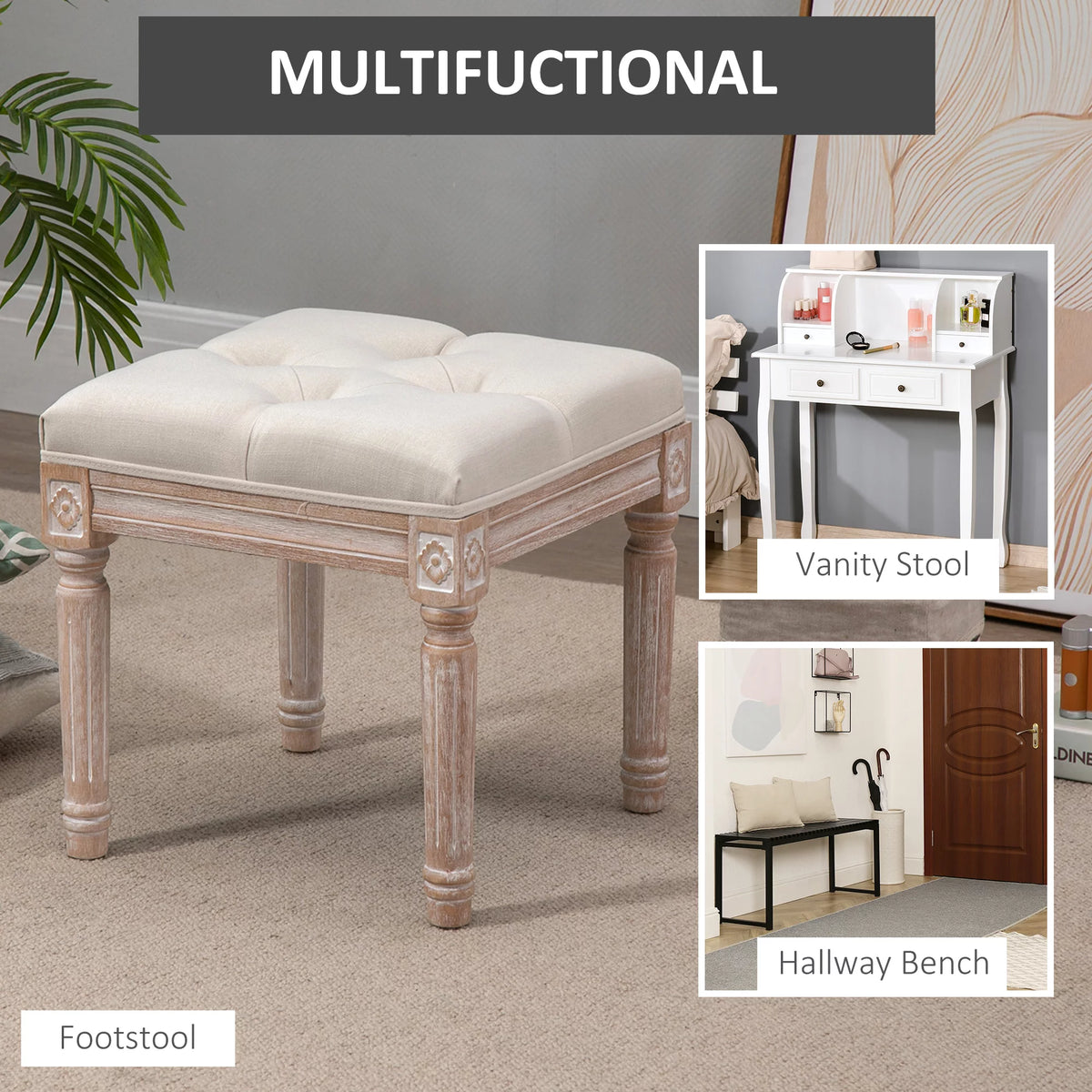 Beige Button Tufted Foot Stool Ottoman E696