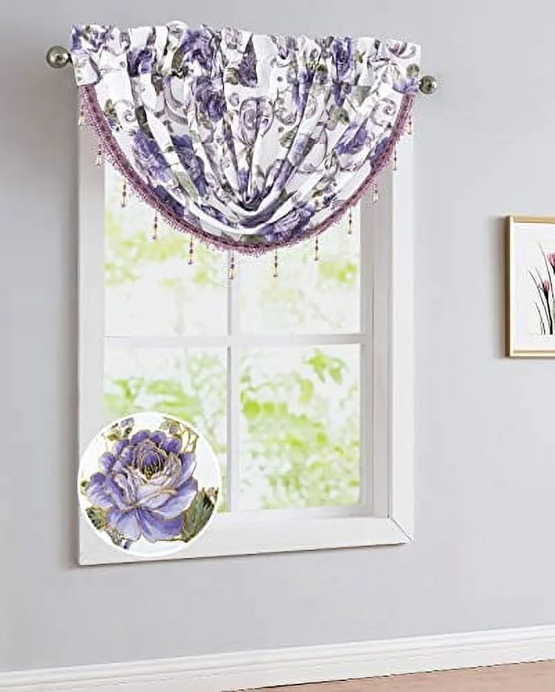 5 Piece Floral Blackout Curtain Set with Valances, 84" Long, Purple P5761