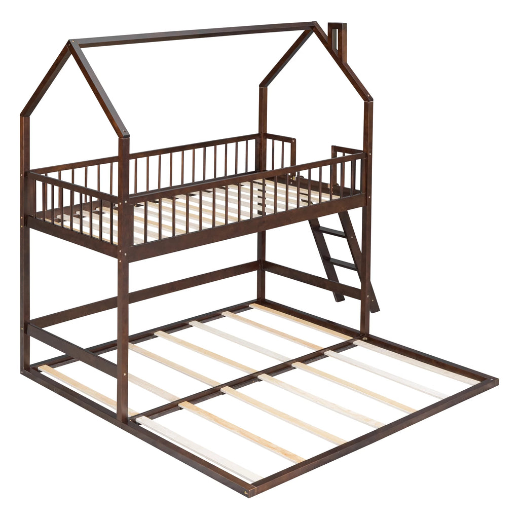 Twin Over Twin House Bunk Bed with Trundle and Roof N41318