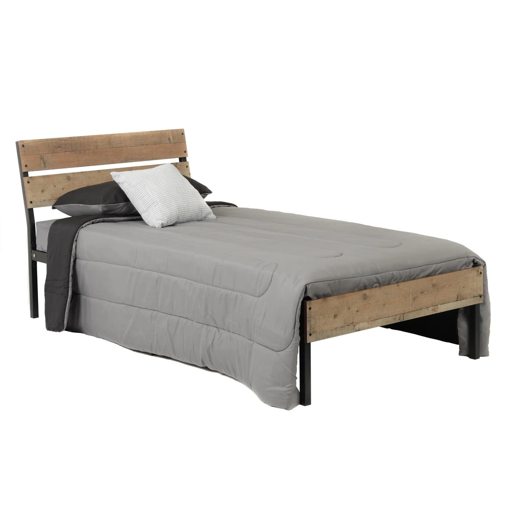 Twin Bed Frame with Black Metal Base and Rustic Barnwood Headboard and Footboard Q74241