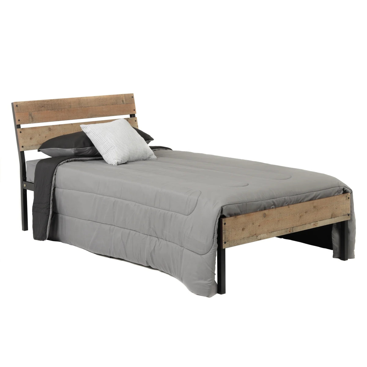 Twin Bed Frame with Black Metal Base and Rustic Barnwood Headboard and Footboard Q74241