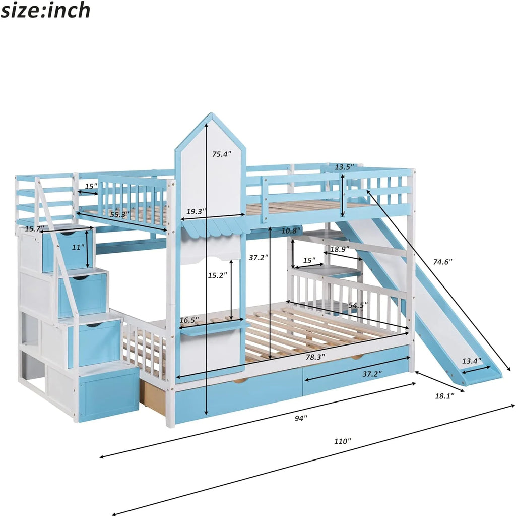 Full Over Full Wooden Bunk Bed with Slide Storage Drawers Shelves L369547