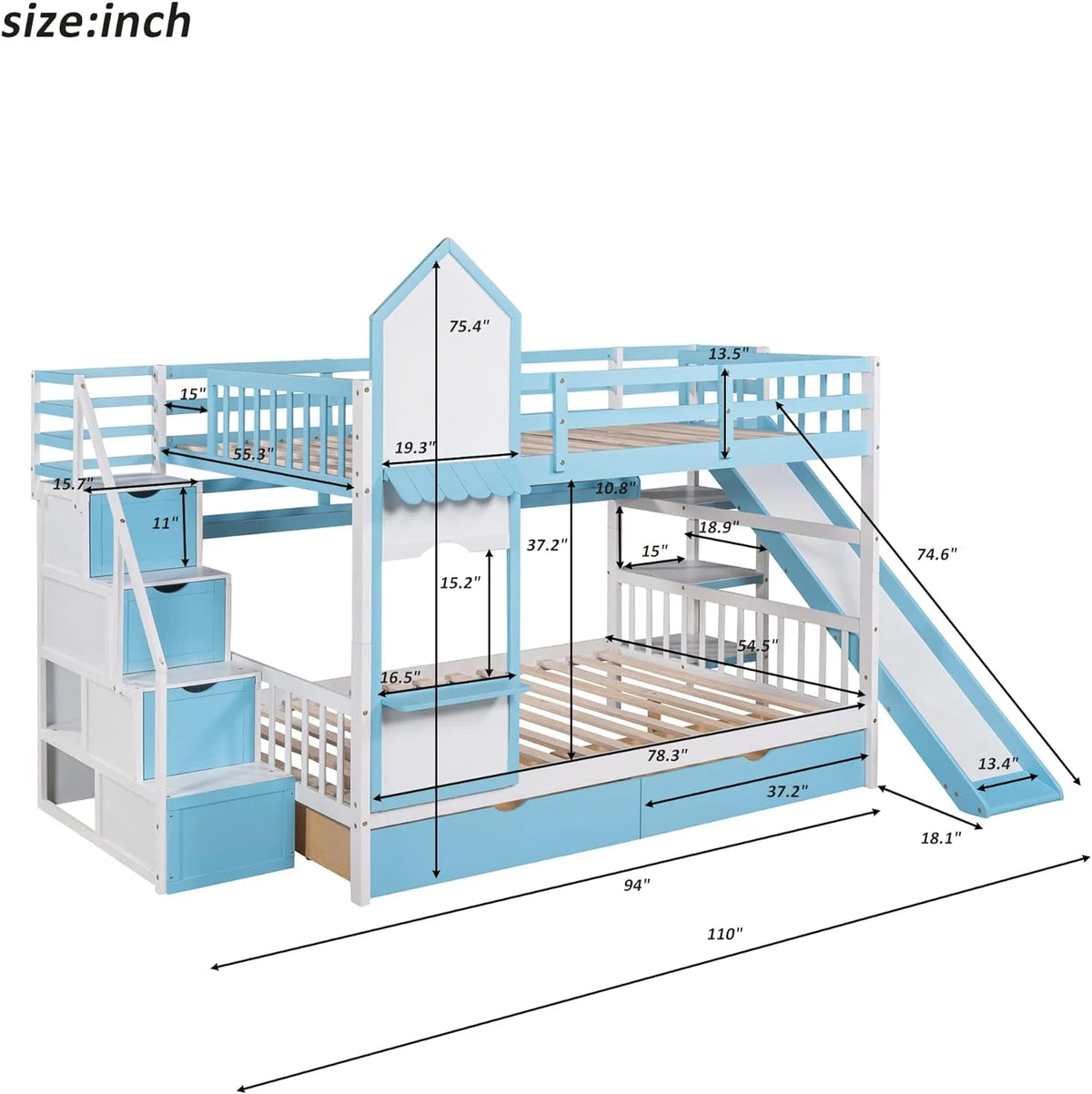 Full Over Full Wooden Bunk Bed with Slide Storage Drawers Shelves L369547